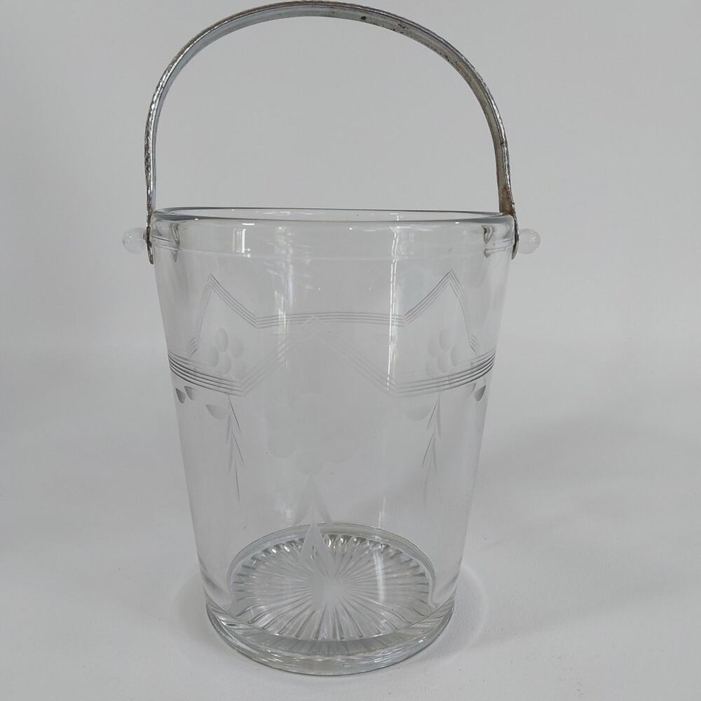 Vintage Etched Glass Ice Bucket Metal Handle